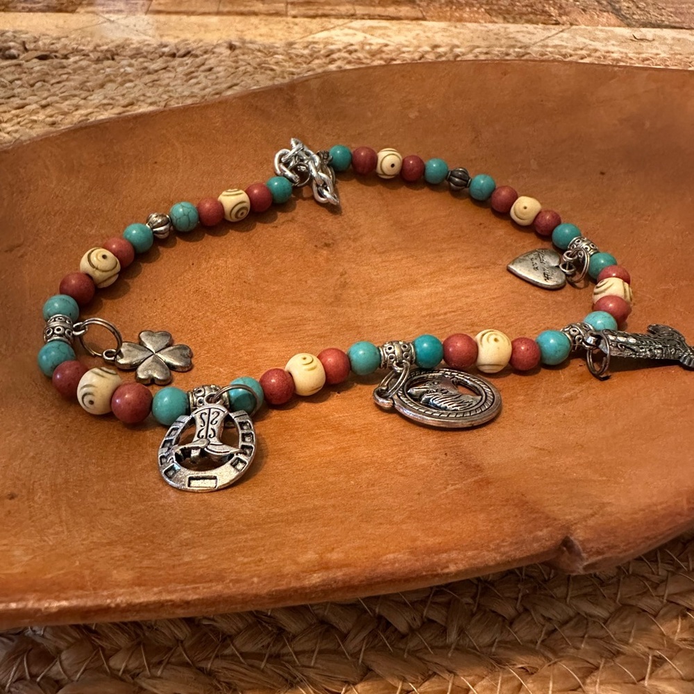 Bohemian Charm Bracelet with Turquoise and Red Beads